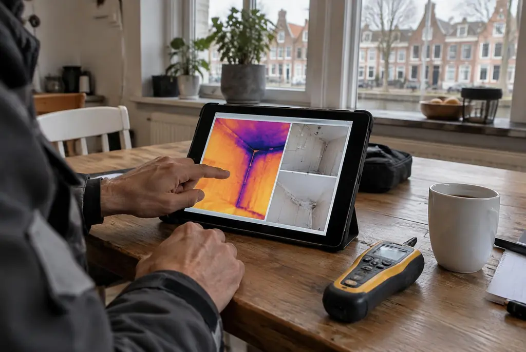 Lekdetectie Heiloo – lekdetectierapport met warmtebeelden en foto's op een tablet