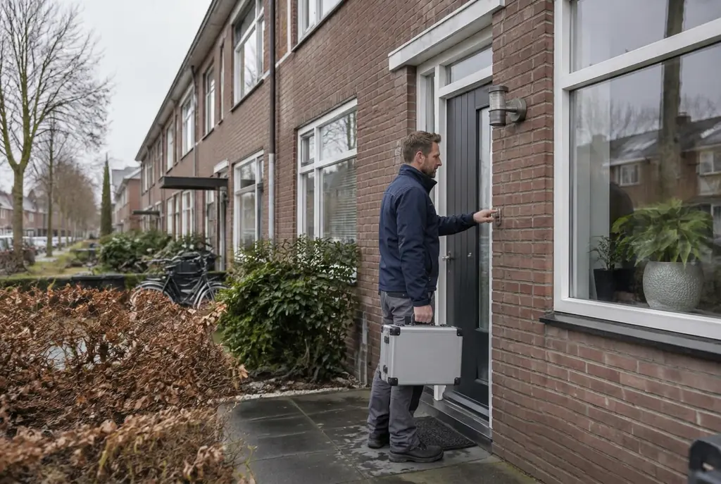 Lekdetectiespecialist met meetkoffer bij de voordeur van een woning in Heiloo